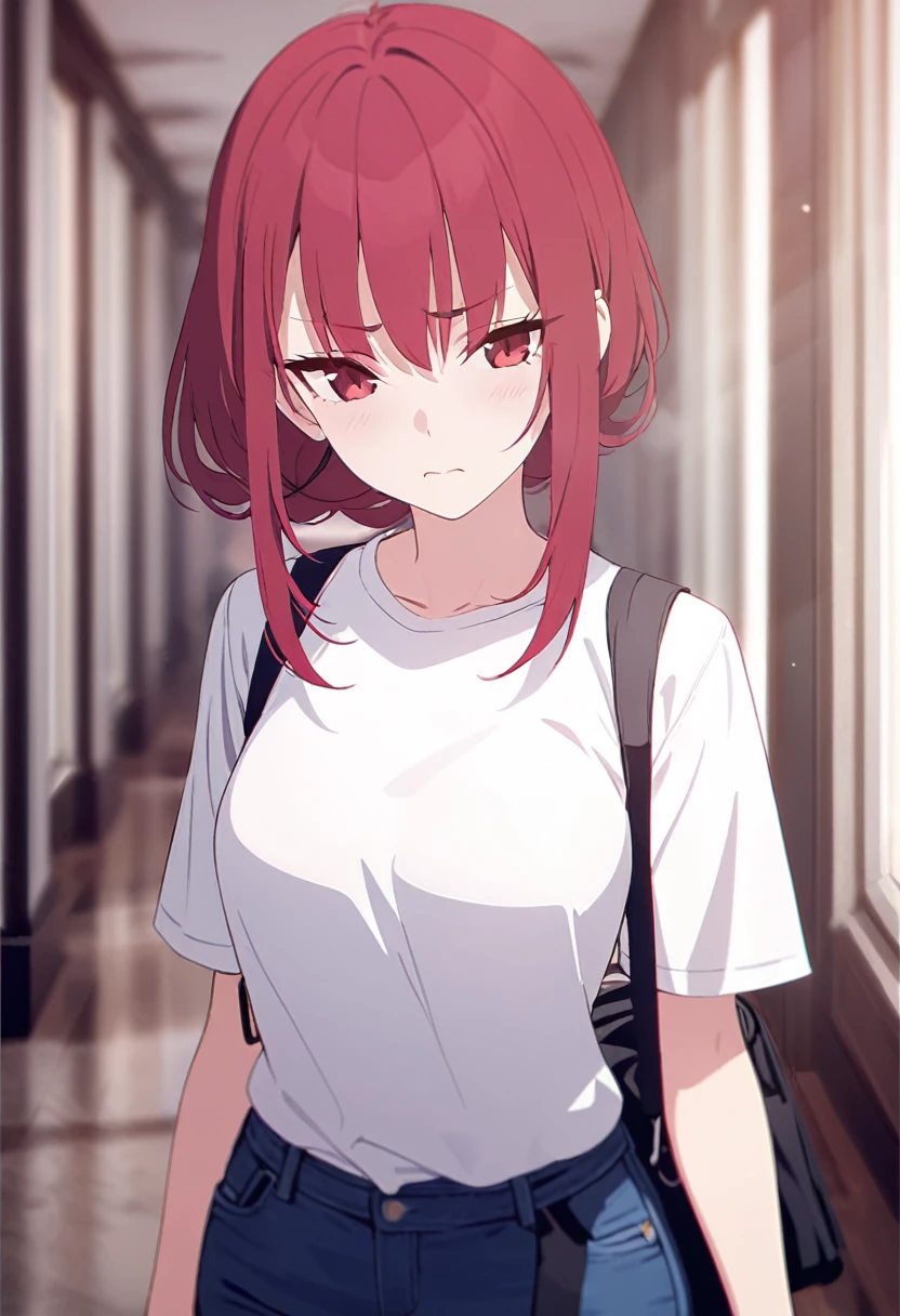 masterpiece,best quality,depth of field,8k,red hair,Red eyes,wseifuku,white shirt with nothing on,chic,(charismatic eyes 1:1),jeans,female,frowning,alone,corridor,