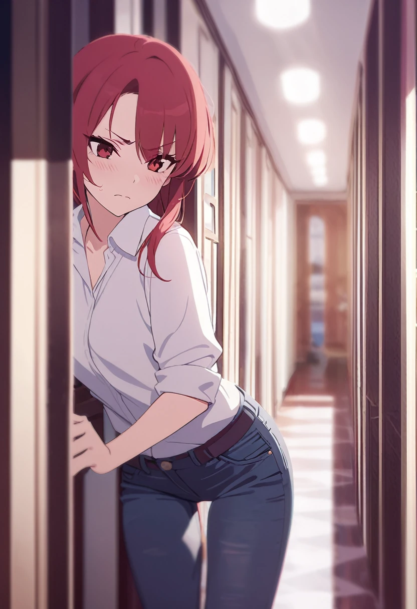 masterpiece,best quality,depth of field,8k,red hair,Red eyes,wseifuku,white shirt with nothing on,chic,(charismatic eyes 1:1),jeans,female,frowning,alone,corridor,