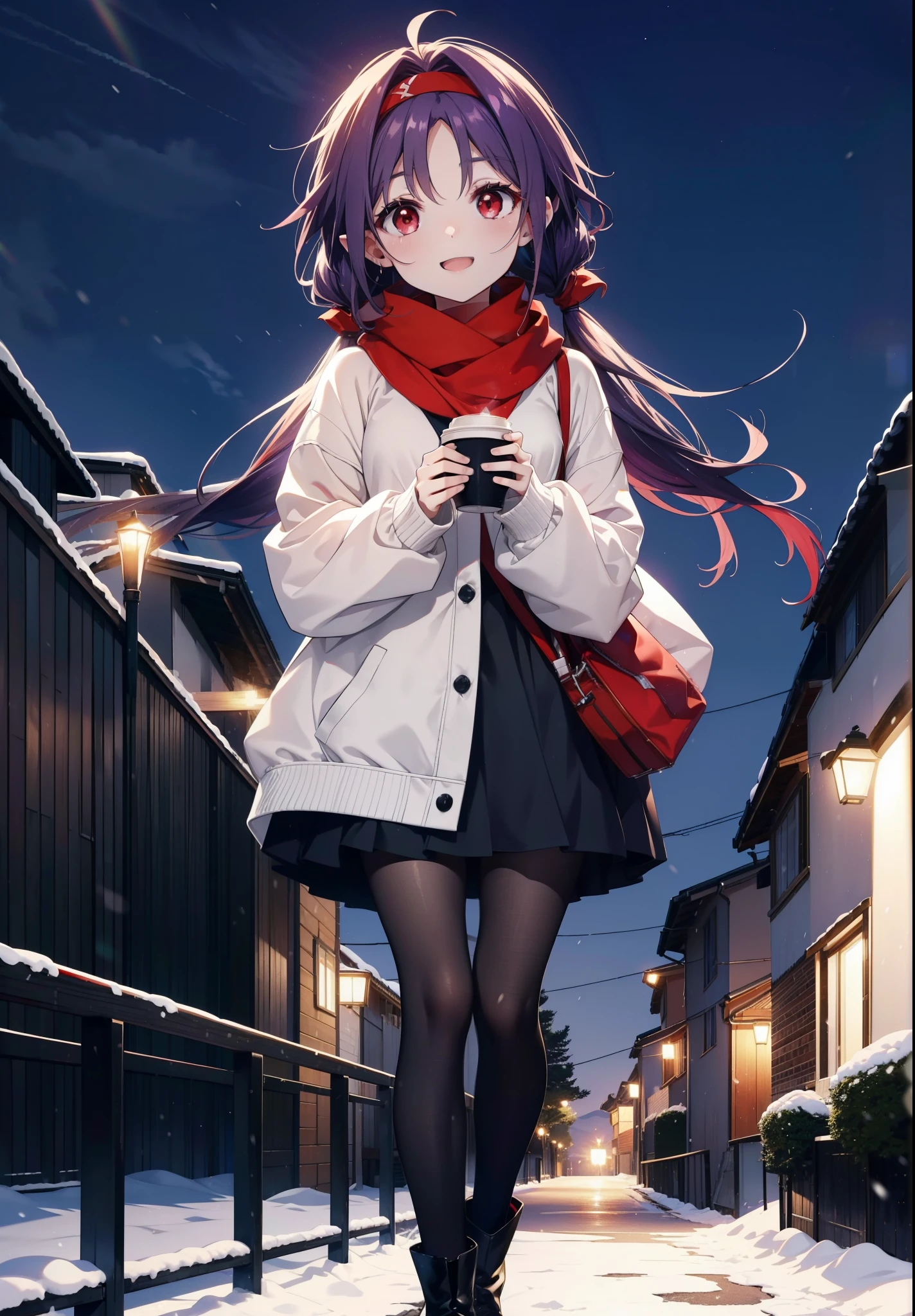 yuukikonno, Konno Yuuki, Long Hair, Pointed Ears, Purple Hair, (Red eyes:1.5), (Small breasts:1.2), Open your mouth,happy smile, smile, Open your mouth,hair band,low twin tail,Red Scarf,Oversized purple hoodie,Long skirt,Black pantyhose,short boots,Holding a paper cup of coffee in both hands,gardenのベンチに座っている,snowが降っている,snowが降り積もっている,snow,snow,snow,snow,snowが積もった木,winter,Cold night,Walking,whole bodyがイラストに入るように,
break looking at viewer,  whole body,
break outdoors, garden,
break (masterpiece:1.2), Highest quality, High resolution, unity 8k wallpaper, (figure:0.8), (Beautiful attention to detail:1.6), Highly detailed face, Perfect lighting, Highly detailed CG, (Perfect hands, Perfect Anatomy),