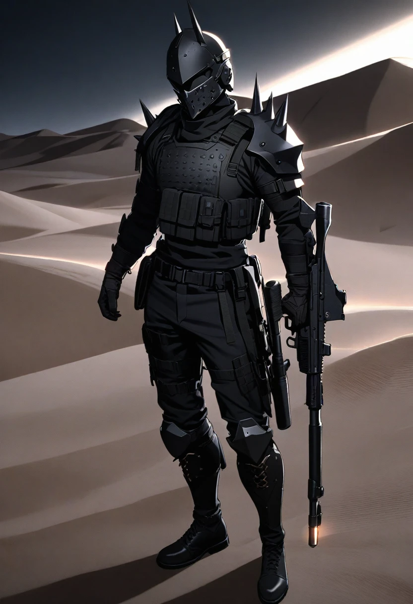 Modern male soldier, solo, black armor, black helmet and mask, black long boots, desert, black clothes, thin waist, black accessories, black everything, spikes on armor, night