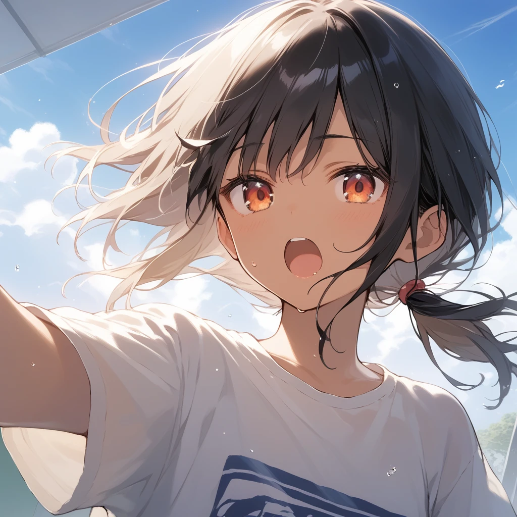 score_9, score_8_up, score_7_up, source_anime, best quality, masterpiece, official art, absurdres, highres, ultra-detailed,waifu2x,Collection: Slice of Life,break,1girl, tomboy, dark-skinned female, short hair, low ponytail, flat chest, beautiful detailed eyes, short shorts, sweat, open mouth, (yawn:0.3), sleepily, outdoors, wind,break,(clear line illustration:1.2), super detailed skin,very high resolution, very aesthetic, Best sexual lighting powered by famous artist, 8k,cute picture,beauty illustration,photoshop_(medium),,(Detailed Lighting),best anime 8k konachan wallpaper, pixiv contest winner,