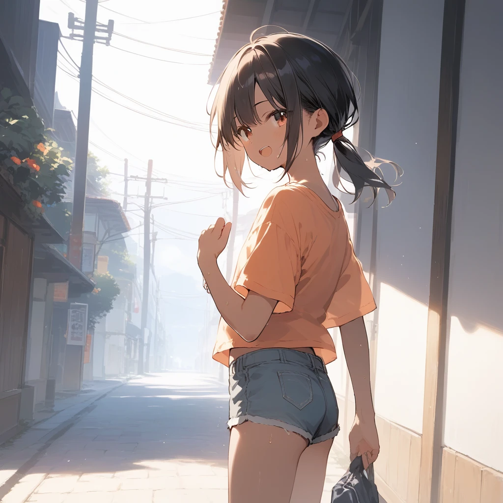 score_9, score_8_up, score_7_up, source_anime, best quality, masterpiece, official art, absurdres, highres, ultra-detailed,waifu2x,Collection: Slice of Life,break,1girl, tomboy, dark-skinned female, short hair, low ponytail, flat chest, beautiful detailed eyes, short shorts, sweat, open mouth, (yawn:0.3), sleepily, outdoors, wind,break,(clear line illustration:1.2), super detailed skin,very high resolution, very aesthetic, Best sexual lighting powered by famous artist, 8k,cute picture,beauty illustration,photoshop_(medium),,(Detailed Lighting),best anime 8k konachan wallpaper, pixiv contest winner,