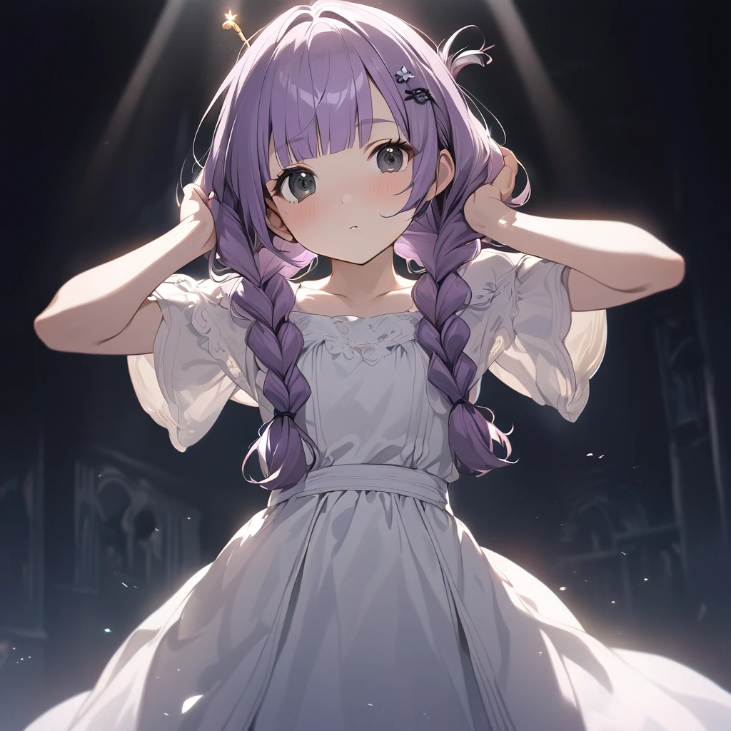 (Cute a girl:1.5), (a girl with closs hair pin, pale purple hair, wavy two braids, blunt bangs hair, green and black eyes:1.4), anime visual, (tilt head:1.3), realistic lighting and shading, (an extremely delicate and beautiful art:1.3), (from front:1.1),The girl puts both hands on her top head with three fingers up, cowboy shot.