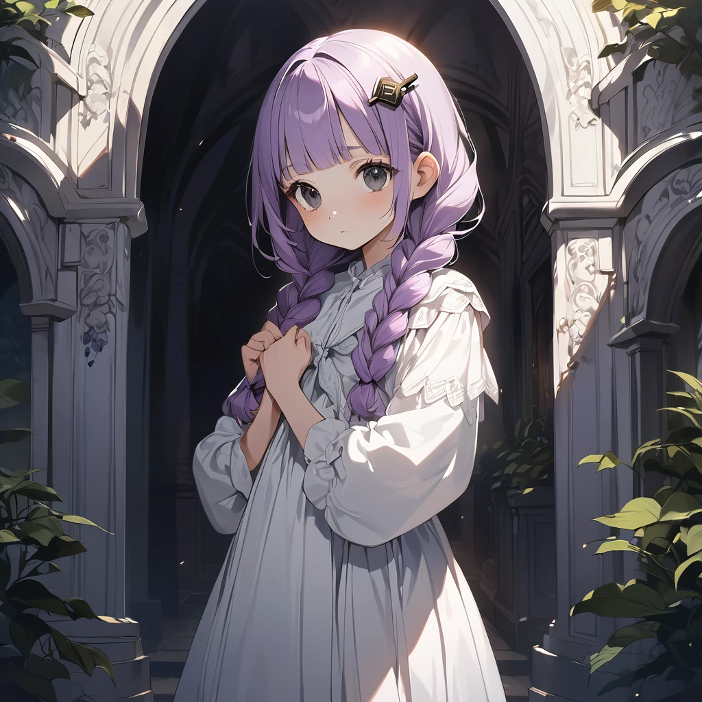 (Cute a girl:1.5), (a girl with closs hair pin, pale purple hair, wavy two braids, blunt bangs hair, green and black eyes:1.4), anime visual, (tilt head:1.3), realistic lighting and shading, (an extremely delicate and beautiful art:1.3), (from front:1.1),The girl puts both hands on her top head with three fingers up, cowboy shot.