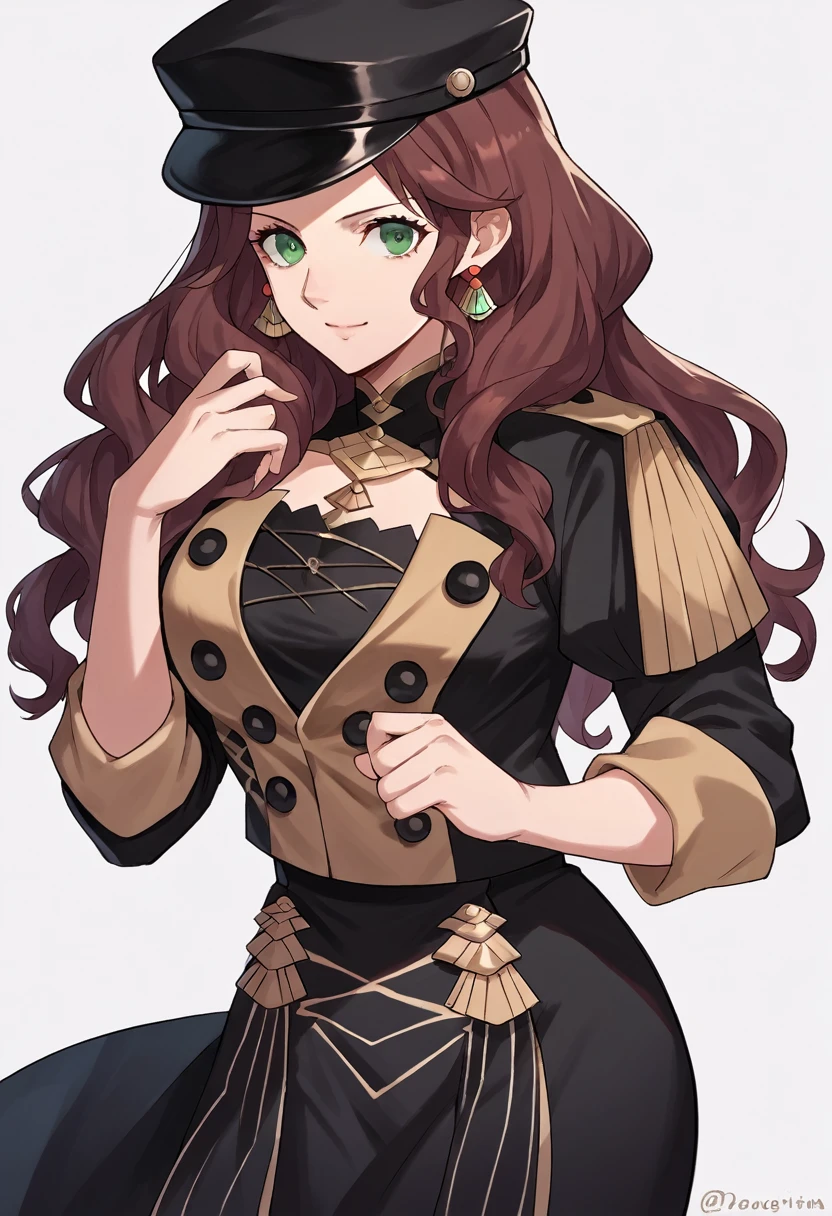 score_9, score_8_up, score_7_up, source_anime, Dorothea (Fire Emblem), black headwear, black skirt, (black uniform), brown hair, dangle earrings, gold trim, green eyes, jewelry, large breasts, long hair, black peaked cap, black hat, looking at the viewer, smile, closed mouth