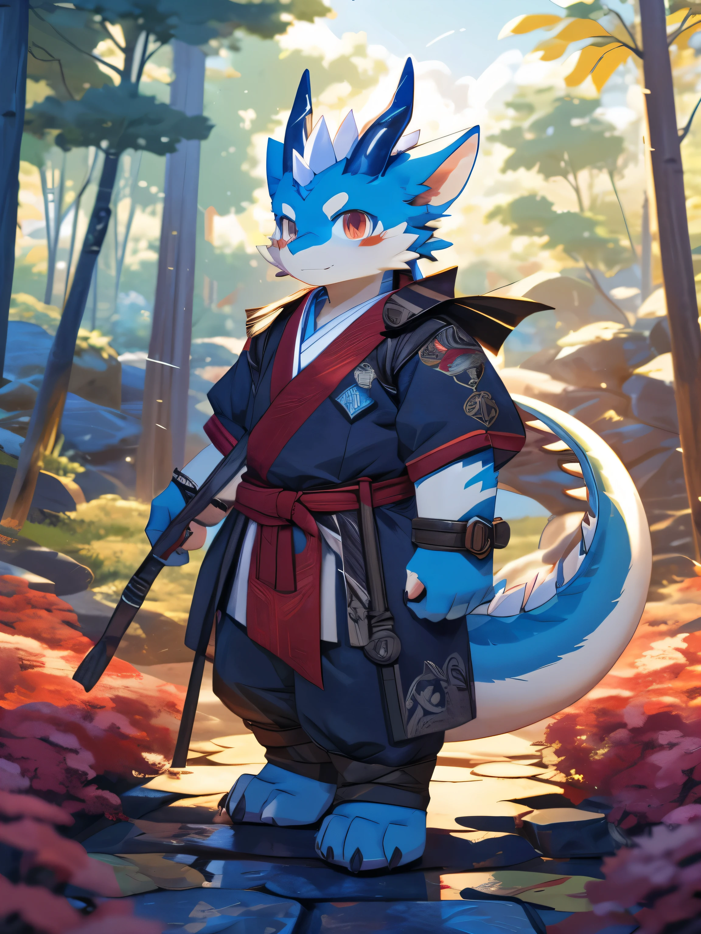nj5furry,kemono,full-length portrait,anthro,hi res,male,youth,Silver skin,Oriental Dragon,strong,Adventurer,Fluffy hair,Plush paw,A tail,Delicate eyes,Detailed eyes
