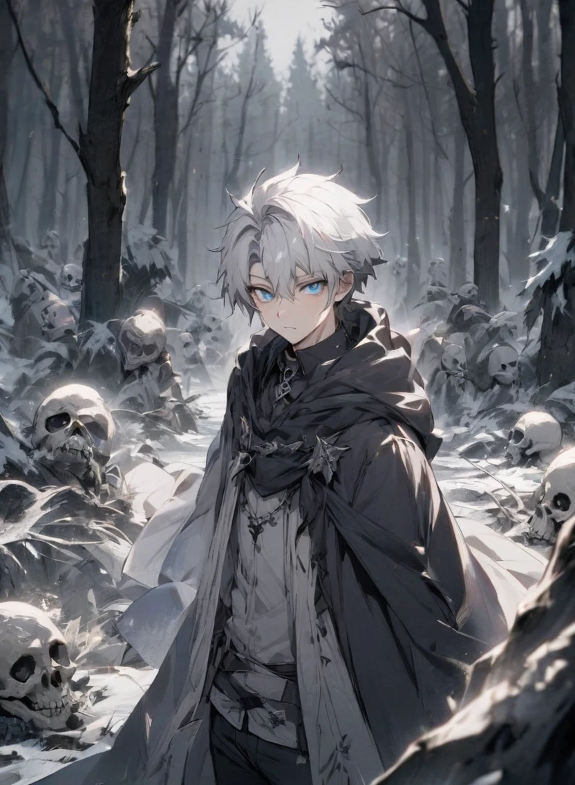 young man ,Male Dark, dark Woods, cold gray colors, man white hair with blue eye, Warlock dnd , Skeleton army in background