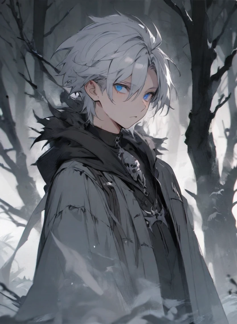 young man ,Male Dark, dark Woods, cold gray colors, man white hair with blue eye, Warlock dnd , Skeleton army in background