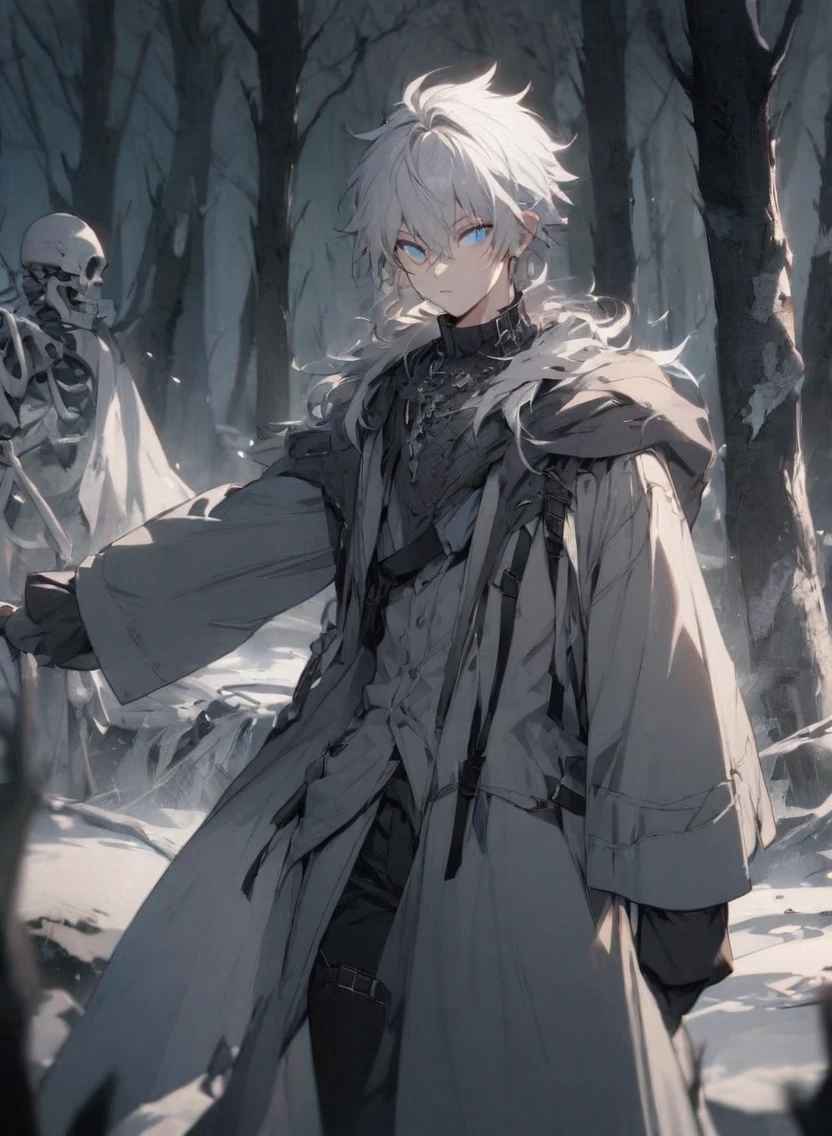 young man ,Male Dark, dark Woods, cold gray colors, man white hair with blue eye, Warlock dnd , Skeleton army in background