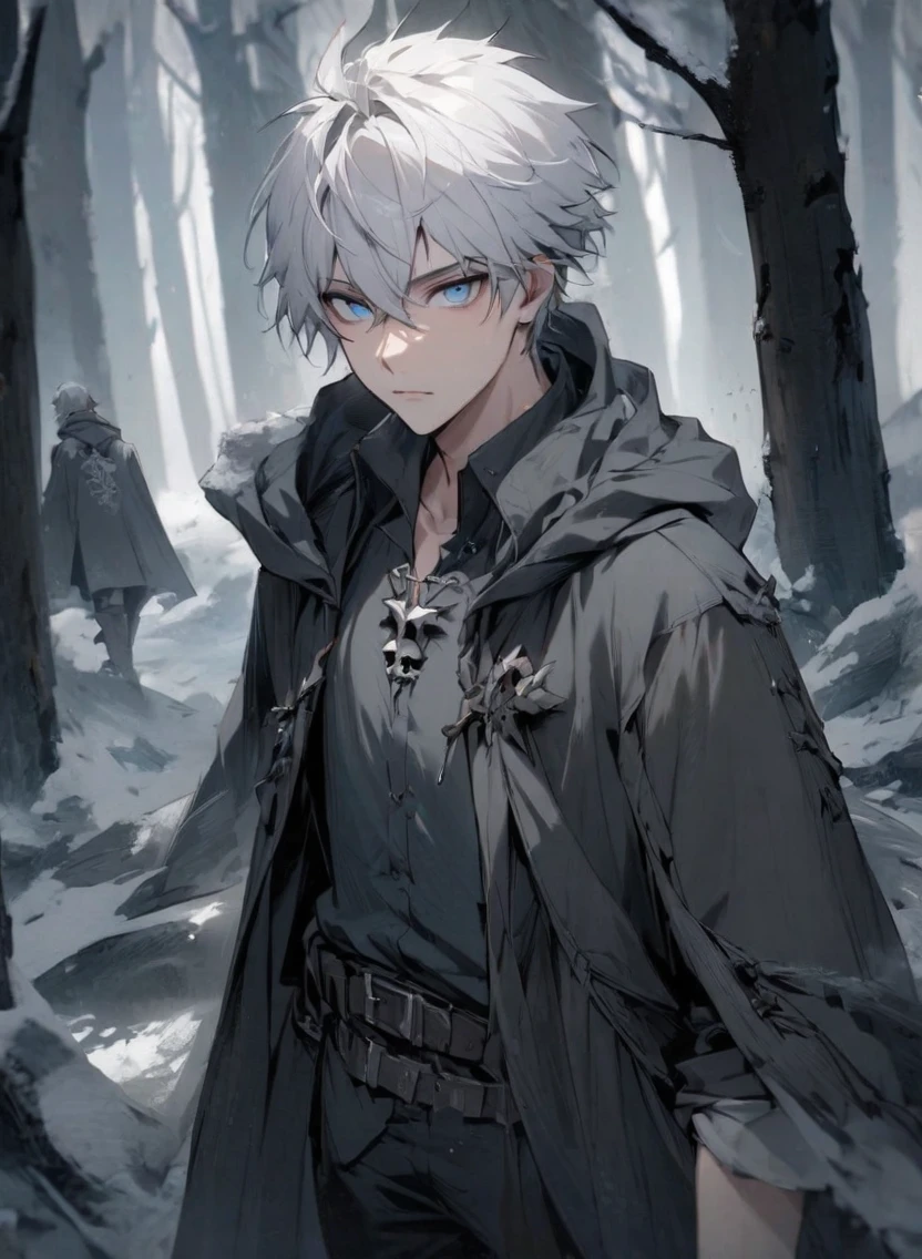 young man ,Male Dark, dark Woods, cold gray colors, man white hair with blue eye, Warlock dnd , Skeleton army in background