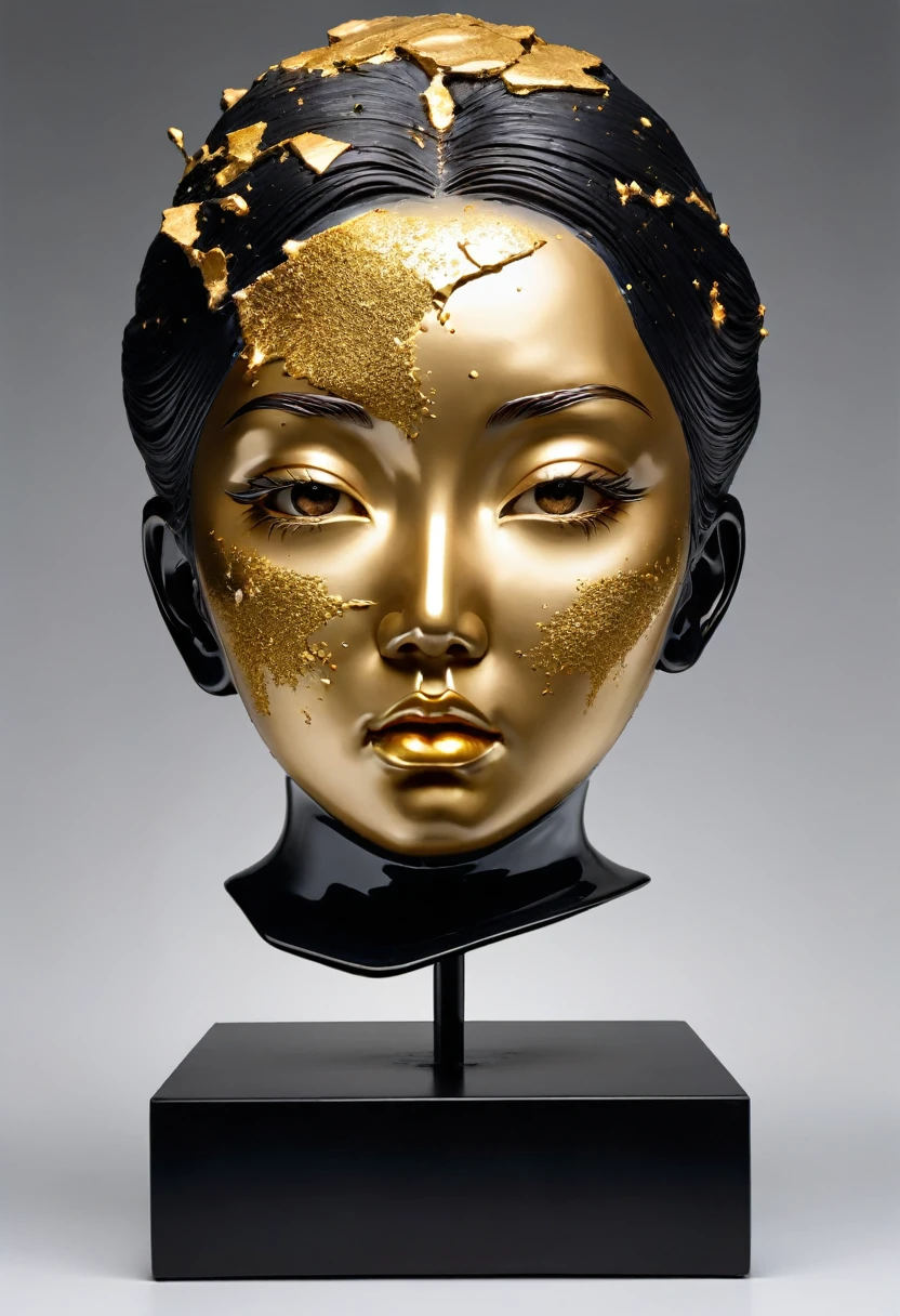(Confused facial expression),Perfect eyes,((exhibit,Still Life Table,Artistic statues,3D Sculpture,ceramics,Surface cracks,Shattered Texture)), Show the beauty of nature.Kaneko,Gold Dust,portrait, This artwork is presented on a black background,Emphasize its artistic quality.