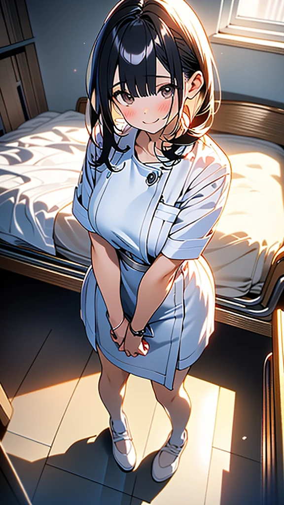 (8k, RAW Photos, 最high quality, masterpiece:1.2), high qualityのRAWカラー写真, Professional photo shoot, Cinematic Light, alone, (((young woman, Gal))), (Sharp features), (Small face), (Skin with attention to detail:1.2), clavicle, Cute Face, Beautiful appearance, Long eyelashes,Embarrassed, (Black Hair, Tied Hair), ((White Nurse,)), White sneakers,,Embarrassed, Artistic painting,Attractive thighs, (Very nice touch:1.2),A shy smile), Peaceful atmosphere, Oil painting style, Bright colors, (Are standing,Inside the white hospital room, Full body portrait), Smooth texture, Gazing Eyes, Beautiful Skin, Glowing Skin, ((Perfect Fingers, Five Fingers, Anatomically correct)), Background Blur, high quality, Surreal, ((Very detailed, photo shoot)),Many people々、blush、Plump、Tight fitting sexy nurse uniform、White Nurse服、nurse、mini skirt、Full Body Shot、White Hospital、blush、Heavy bangs、Front view、Standing posture
