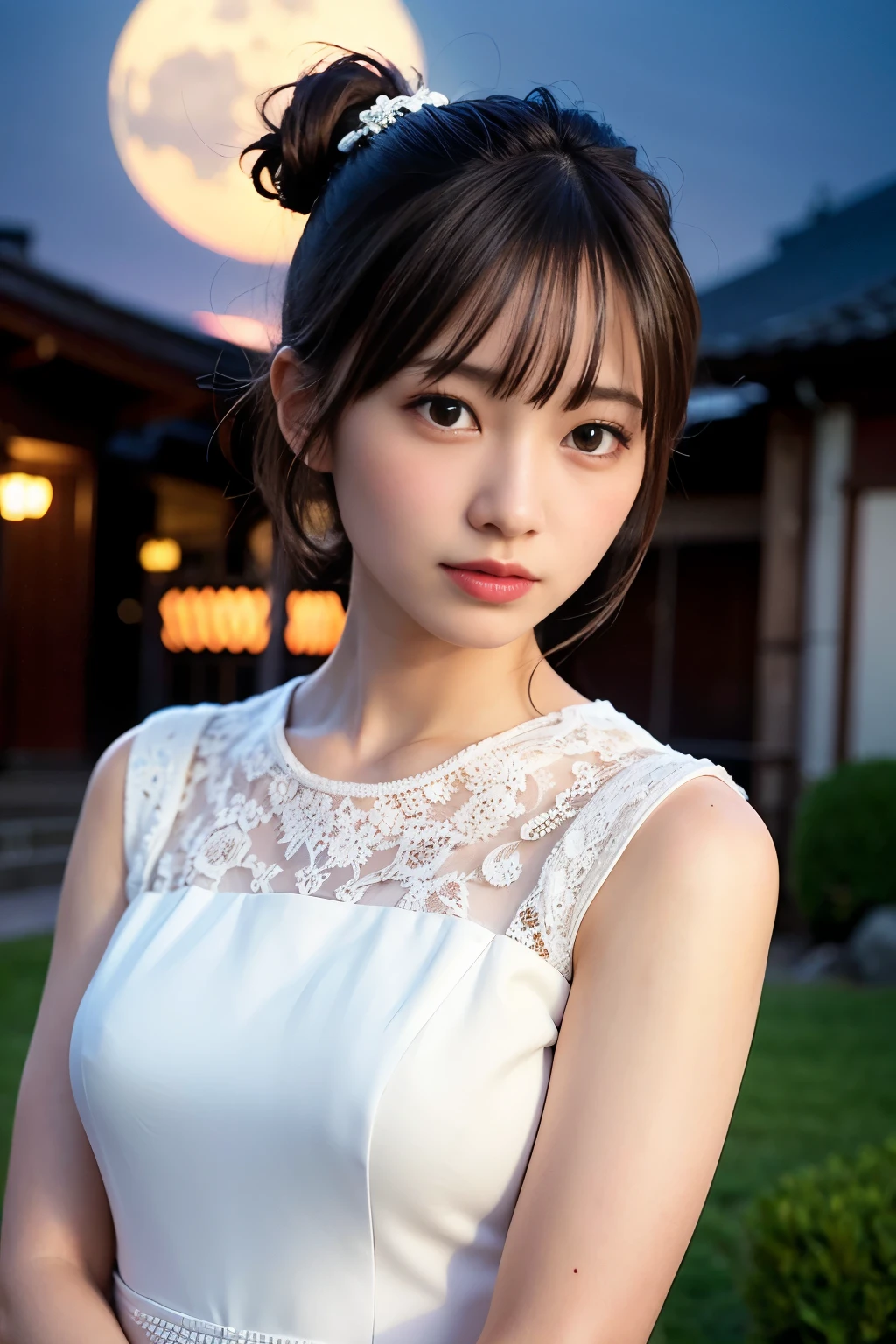 Highest quality、Ultra-high resolution、(Photorealistic:1.4)、1 girl、White and light purple dress、Hair tied up、Moonlit Night Background、Looking at the audience、close、Look forward、Big Moon、Japan hair