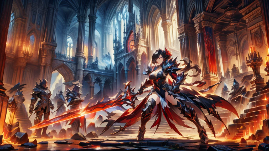 masterpiece, best quality, high quality, detailed, ultra detailed, hyper detailed, insanely detailed, exquisite, beautiful, FHD, Full-HD, 4K, 8K, 16K, highres, absurdres,Overall reddish black, ((One sexy lady)),mystic knight, serious look, sword fighting, covering one eye, black hair, red eyes, armor, long boots, with a sword, fantasy,hailoknight, holding sword, holding weapon,cowboy shot