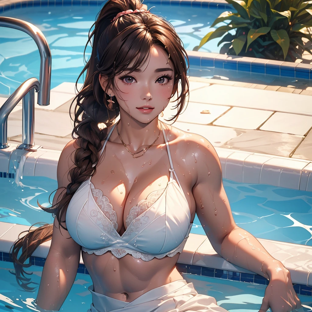 Medium Close-up, Cleavage, Joyuri, jo yuri, lily, ((Highest quality, 8k, masterpiece :1.3)), One girl, Beautiful woman with slim abdominal muscles :1.3, (Dark brown hair, ponytail, Huge breasts :1.2), Wet body:1.2, Pool, Highly detailed face, Detailed eyes, double eyelid