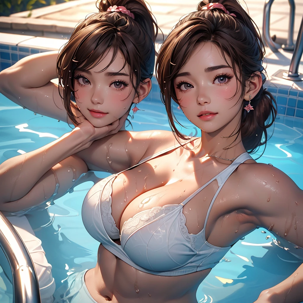 Medium Close-up, Cleavage, Joyuri, jo yuri, lily, ((Highest quality, 8k, masterpiece :1.3)), One girl, Beautiful woman with slim abdominal muscles :1.3, (Dark brown hair, ponytail, Huge breasts :1.2), Wet body:1.2, Pool, Highly detailed face, Detailed eyes, double eyelid