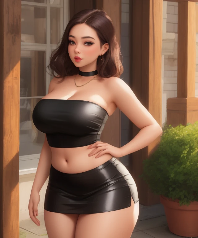 (best quality), (masterpiece), 1 girl, early 20's, small breasts, busty, perky breasts, thick, thick lips, wide hips, thin waist, wearing black tube top shirt, strapless top, top that covers the stomach, wearing skirt that covers the knees