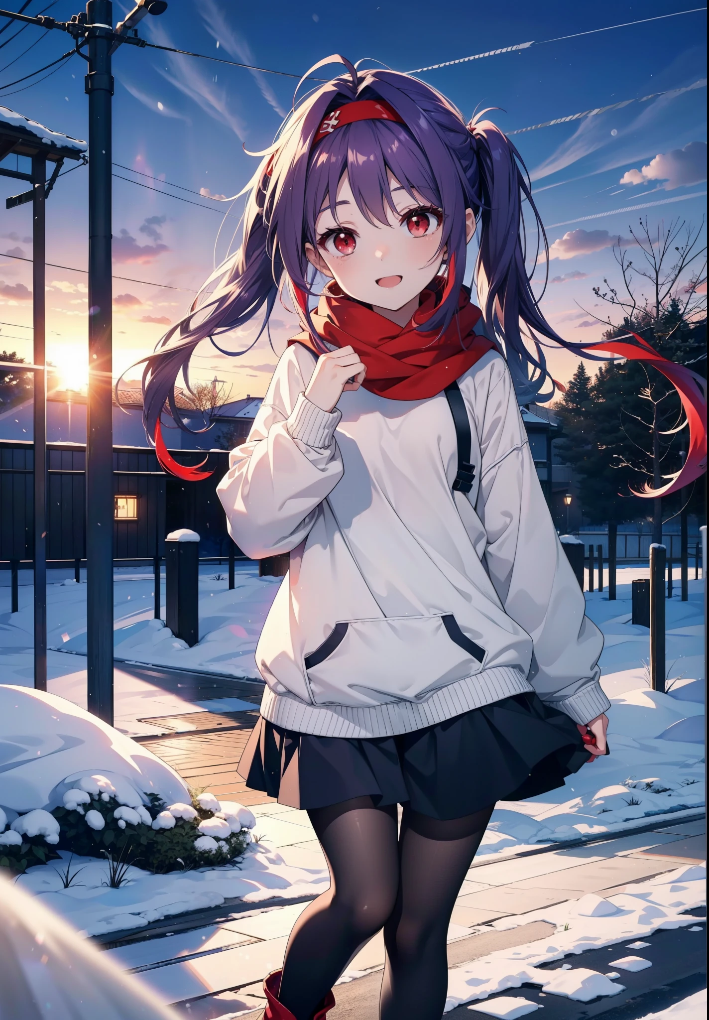 yuukikonno, Konno Yuuki, Long Hair, Pointed Ears, Purple Hair, (Red eyes:1.5), (Small breasts:1.2), Open your mouth,happy smile, smile, Open your mouth,hair band,low twin tail,Red Scarf,Oversized purple hoodie,Long skirt,Black pantyhose,short boots,Holding a paper cup of coffee in both hands,gardenのベンチに座っている,snowが降っている,snowが降り積もっている,snow,snow,snow,snow,snowが積もった木,winter,Cold Sky,night,whole bodyがイラストに入るように,
break looking at viewer,  whole body,
break outdoors, garden,
break (masterpiece:1.2), Highest quality, High resolution, unity 8k wallpaper, (figure:0.8), (Beautiful attention to detail:1.6), Highly detailed face, Perfect lighting, Highly detailed CG, (Perfect hands, Perfect Anatomy),