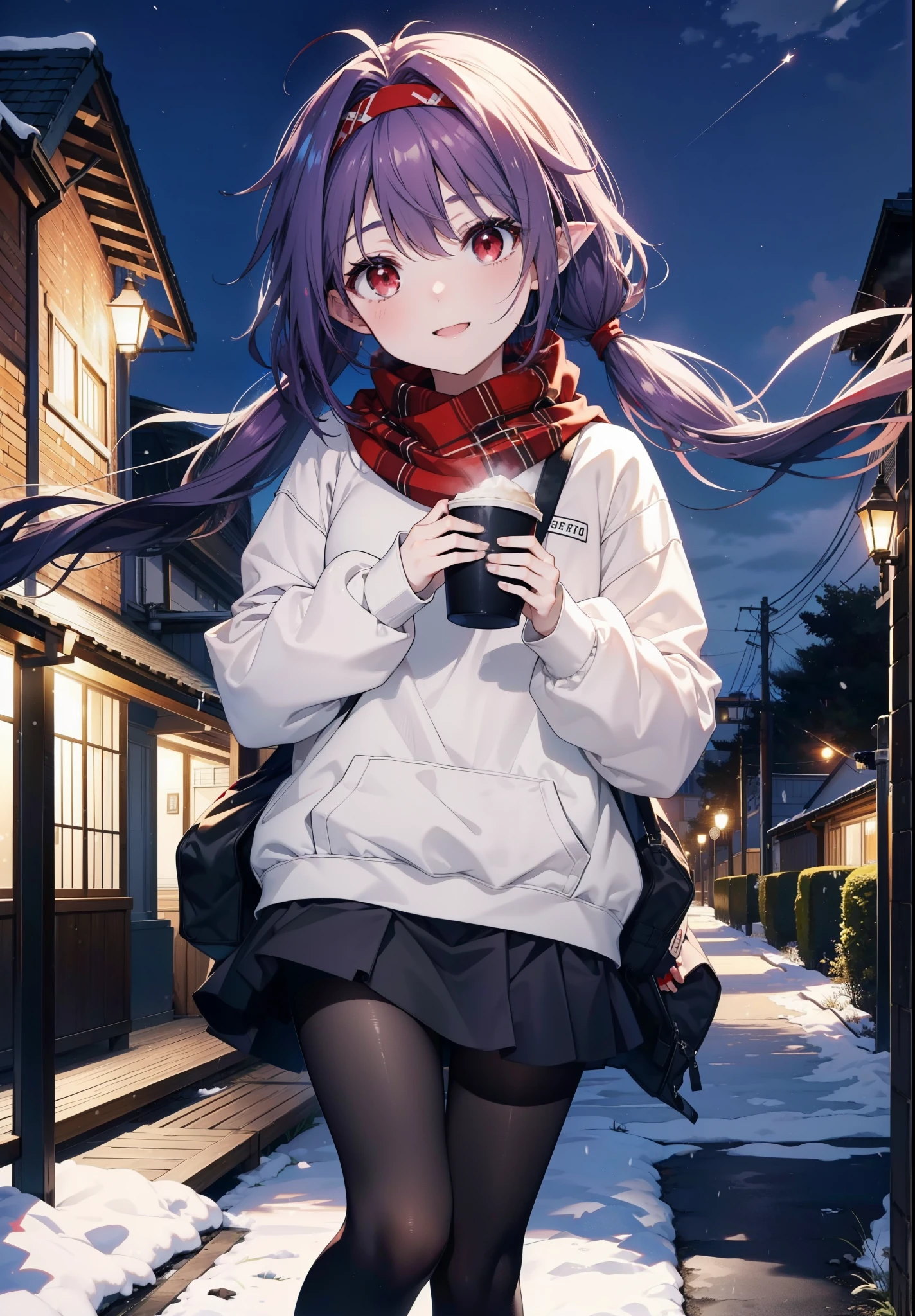 yuukikonno, Konno Yuuki, Long Hair, Pointed Ears, Purple Hair, (Red eyes:1.5), (Small breasts:1.2), Open your mouth,happy smile, smile, Open your mouth,hair band,low twin tail,Red Scarf,Oversized purple hoodie,Long skirt,Black pantyhose,short boots,Holding a paper cup of coffee in both hands,gardenのベンチに座っている,snowが降っている,snowが降り積もっている,snow,snow,snow,snow,snowが積もった木,winter,Cold Sky,night,whole bodyがイラストに入るように,
break looking at viewer, whole body,
break outdoors, garden,
break (masterpiece:1.2), Highest quality, High resolution, unity 8k wallpaper, (figure:0.8), (Beautiful attention to detail:1.6), Highly detailed face, Perfect lighting, Highly detailed CG, (Perfect hands, Perfect Anatomy),