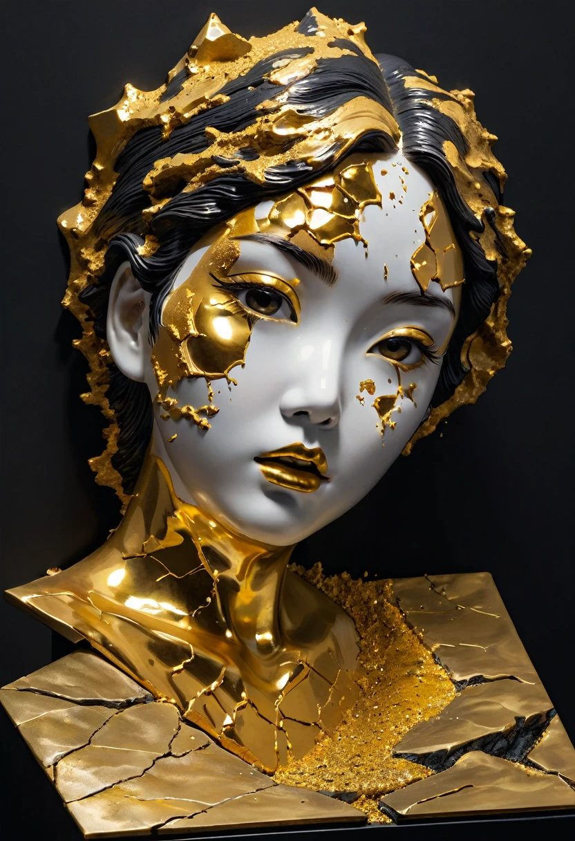 (Panicked facial expression),Perfect eyes,((exhibit,Still Life Table,Artistic statues,3D Sculpture,ceramics,Surface cracks,Shattered Texture)), Show the beauty of nature.Kaneko,Gold Dust,portrait, This artwork is presented on a black background,Emphasize its artistic quality.