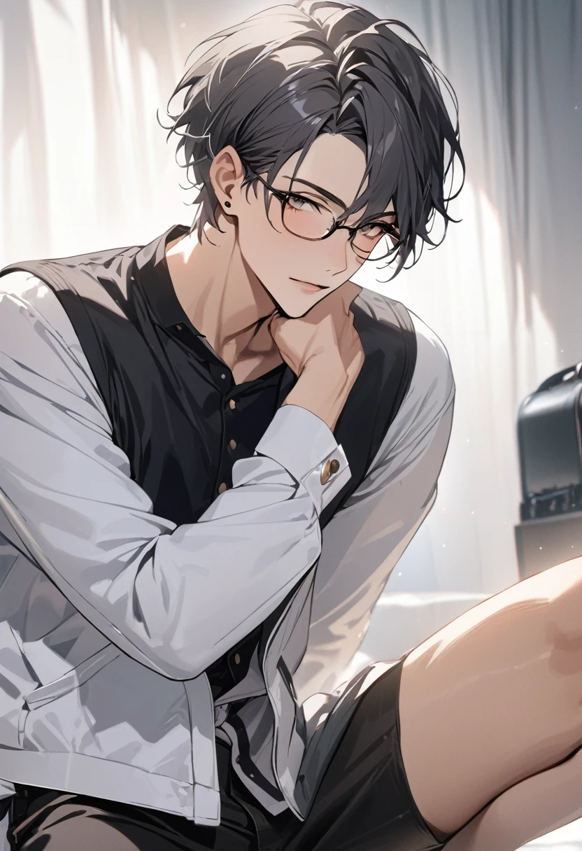 (masterpiece, best quality,ultra highres), (fashion magazine photo),only one boy,japanese male idol,Handsome Boy,glasses,darkgray short Hair,Stage costumes that combine elements of Portugal and Japan,White background,Bose on the viewer,