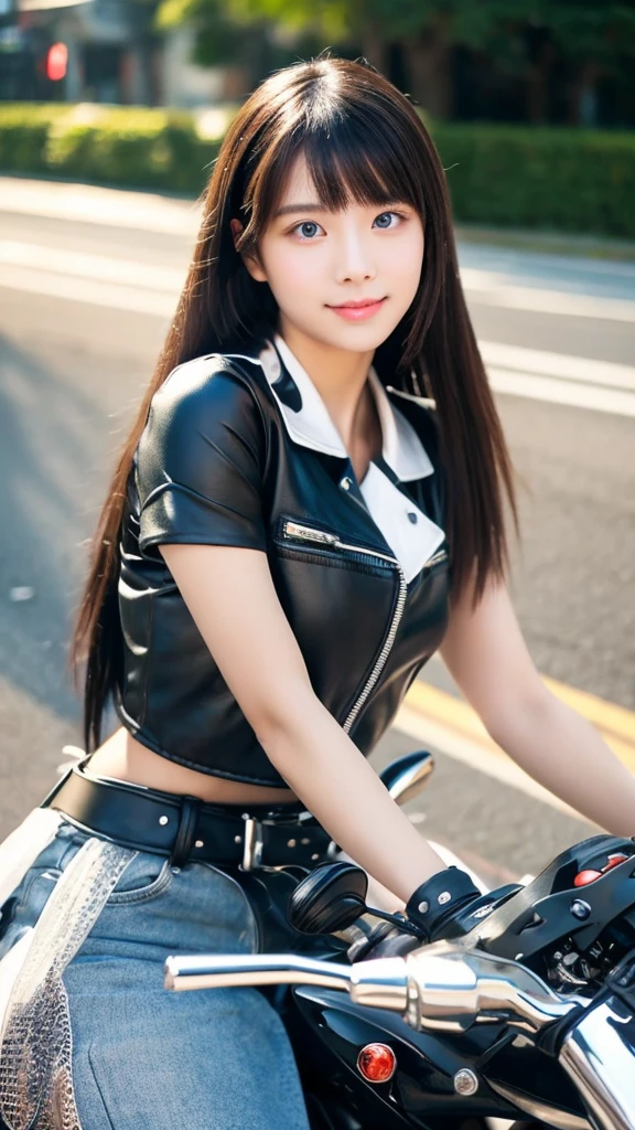 sit astride a motorbike,((ビキニ)),looking at the camera,20-year-old,Beauty,Cute face,Beautiful face