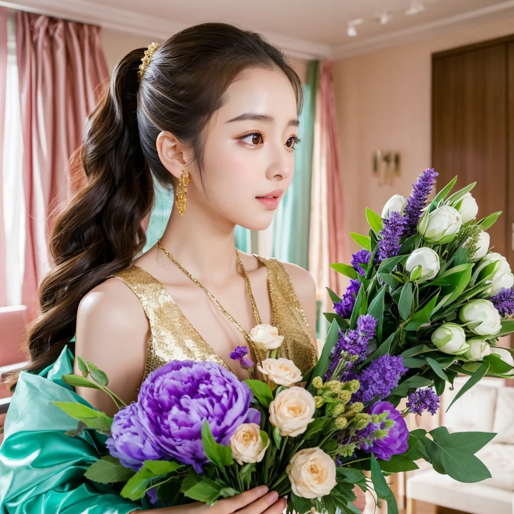 Korean girl with average chest, long black hair, and brown eyes. She is standing with a large bouquet of purple peonies and lavender in her hands. She is wearing a beautiful turquoise and gold shiny dress. Her hair is slightly curly and pulled back into a high ponytail. She is standing in an apartment with red curtains