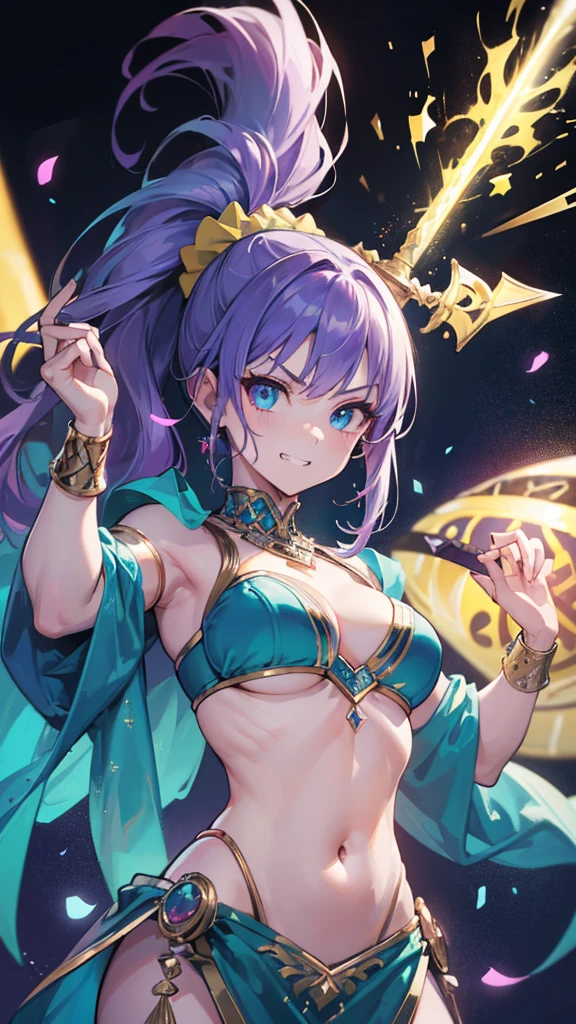 Best quality, Ultra detailed, best quality, insanely detailed, beautiful, masterpiece, 8k, 
break  
Colorful background, refraction Glowing white lines ,Crossing Light,light particles
break 
1lady, purple hair, long hair, high ponytail, (hair scrunchie :1.2) , green scrunchie,blue eyes, ultra detailed eyes,(bellydancer:1.5)purple clothes,abs, navel, Showcasing cleavage, (gripping sword :1.5)
Break
upper body, (great joy;1.5), (evil grin:1.2), ,(scowl:1.1), (stare at viewer:1.5),(ecstasy:1.3) ,(vulgarity:1.3),(wet:0.8),(drooling:0.6),(sweat:0.8),