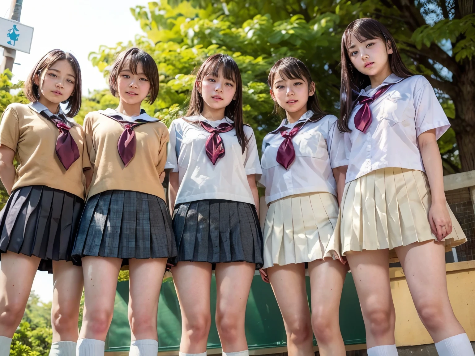 ((Multiple Girls:1.5、Five girls standing close together:1.5、high school girl:1.3、5 cute Japanese girls)、Girls posing、Commemorative photo in front of the school)、(Realistic、Like a photograph、Live Action、(Realistic, RAW Photos, Best image quality: 1.4), Single-lens reflex camera、RAW Photos, Highest quality, Realistic, Very detailedなCGユニティ8K壁紙, Written boundary depth, Cinematic Light, Lens flare, Ray Tracing, Realistic background、(School Uniform:1.37、Pleated skirt:1.4、mini skirt:1.3、Knee-high socks、Toned body)、((Ultra-Dense Skin))、 5 cute japanese students、((((whole body:1.5))、Filming in progress:1.1、Serious expression))、Very detailed、Pay attention to the details、Perfect outfit、(White skin)、Beautiful legs:1.1、Thin thighs、View from below、Anatomically correct body、Accurate fingering