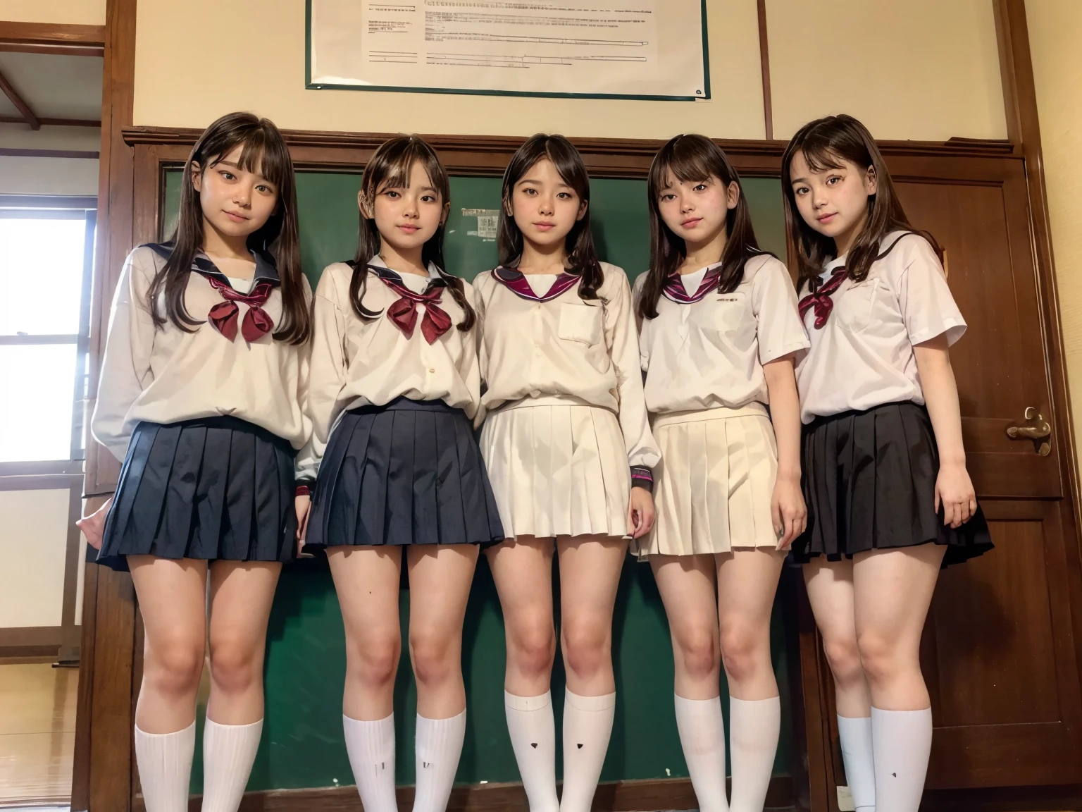 ((Multiple Girls:1.5、Five girls standing close together:1.5、high school girl:1.3、5 cute Japanese girls)、Girls posing、Commemorative photo in front of the school)、(Realistic、Like a photograph、Live Action、(Realistic, RAW Photos, Best image quality: 1.4), Single-lens reflex camera、RAW Photos, Highest quality, Realistic, Very detailedなCGユニティ8K壁紙, Written boundary depth, Cinematic Light, Lens flare, Ray Tracing, Realistic background、(School Uniform:1.37、Pleated skirt:1.4、mini skirt:1.3、Knee-high socks、Toned body)、((Ultra-Dense Skin))、 5 cute japanese students、((((whole body:1.5))、Filming in progress:1.1、Serious expression))、Very detailed、Pay attention to the details、Perfect outfit、(White skin)、Beautiful legs:1.1、Thin thighs、View from below、Anatomically correct body、Accurate ?????????