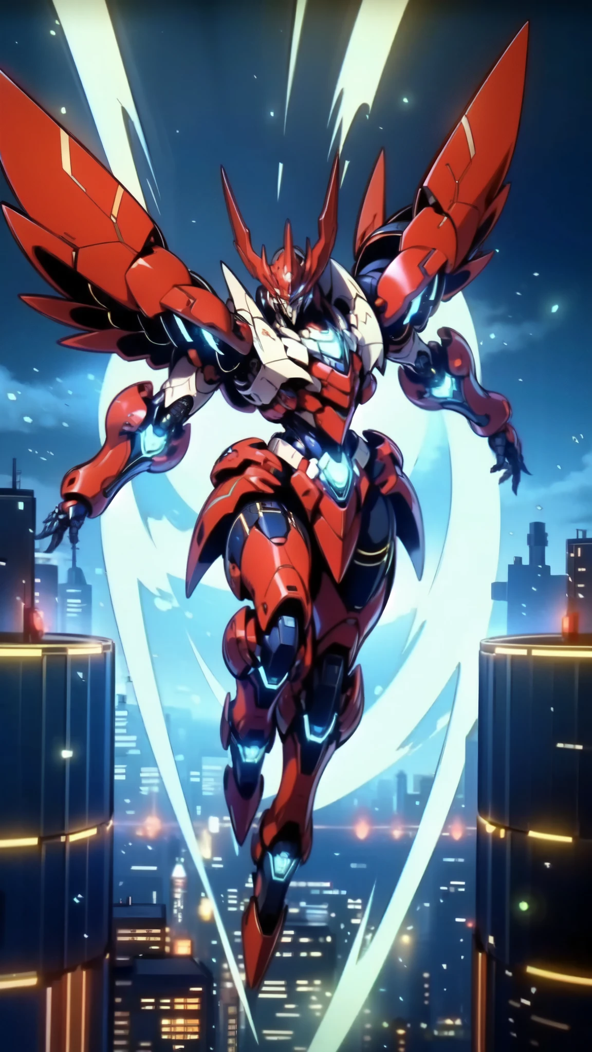 (masterpiece:1.5, best quality:1.5, extremely delicate:1.5), humanoid Mecha, fully enclosed shoulder guards, matching arm and leg guards, full body, full armor, the design balances heavy with agility, (the color scheme is primarily white with red and blue accents, the concept Inspired by Super robot, organic biotech armor, standing, floating high above the futuristic sci-fi city), exquisite and mature art style, (aura effect, energy, glowing eyes, the armor glows), ((SRS)), metallic, dramatic, high definition, highres, ultra-detailed, ultra-fine painting, professional, perfect body proportions, anatomically correct, symmetrical face, extremely detailed eyes and face, high quality eyes, creativity, RAW photo, UHD, 32k, Natural light, cinematic lighting, masterpiece-anatomy-perfect