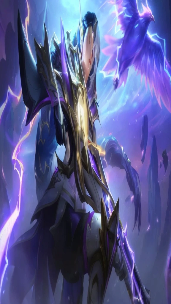 a woman in a purple outfit holding a sword and a bird, irelia, heise jinyao, ashe, official splash art, splash art, leblanc, irelia from league of legends, mobile legends, ig model | artgerm, astri lohne, inspired by Shen Zhou, wild rift, kda, li zixin