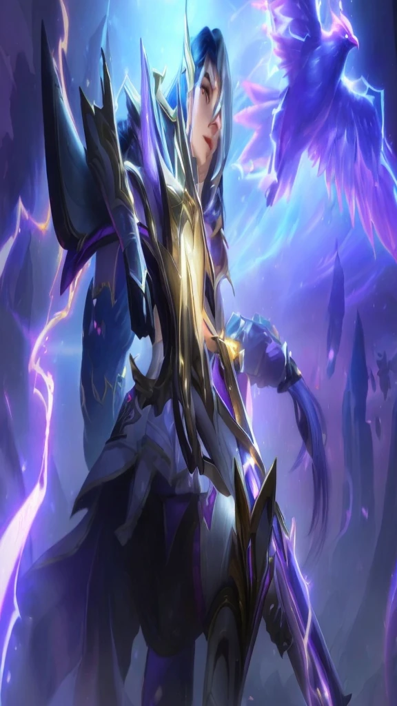 a woman in a purple outfit holding a sword and a bird, irelia, heise jinyao, ashe, official splash art, splash art, leblanc, irelia from league of legends, mobile legends, ig model | artgerm, astri lohne, inspired by Shen Zhou, wild rift, kda, li zixin