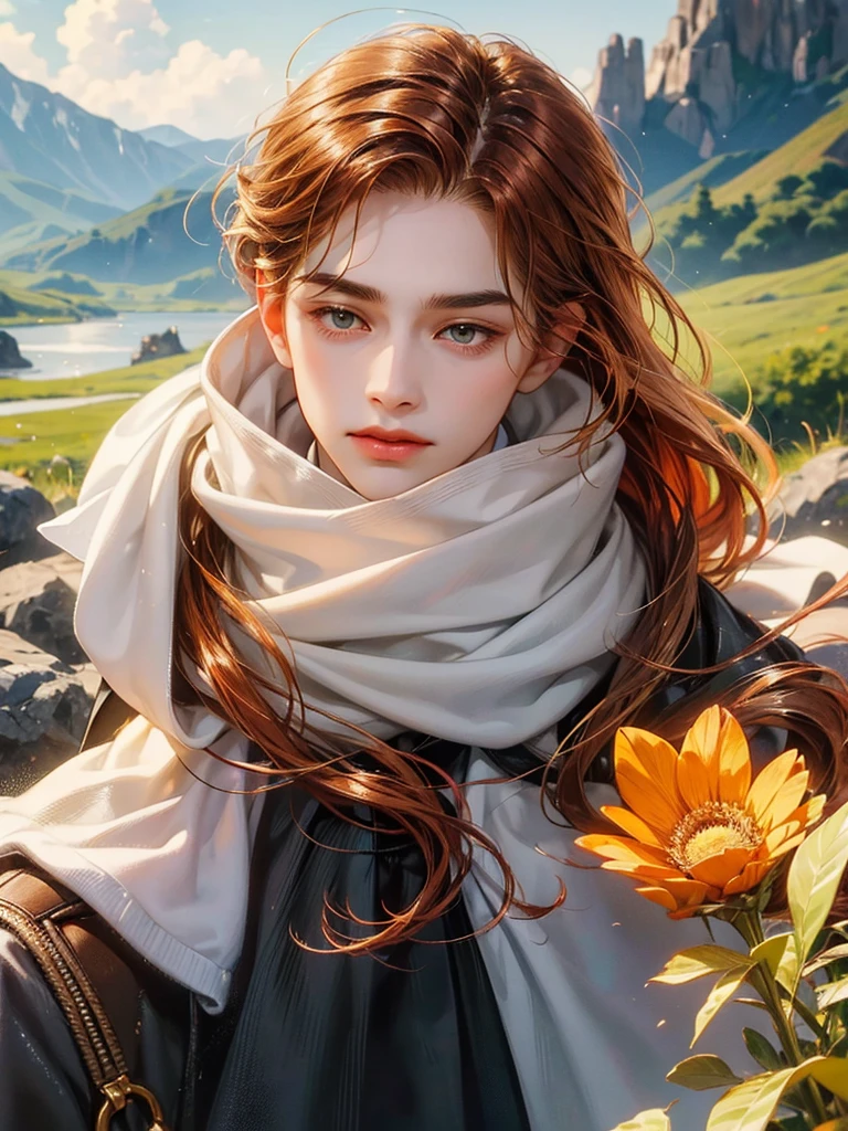 The boy has a handsome face, brown hair, brown eyes, symmetrical face, symmetrical eyes. Short golden brown hair and grey eyes.The girl hair long and ginger red hair color, the girl eyes is green