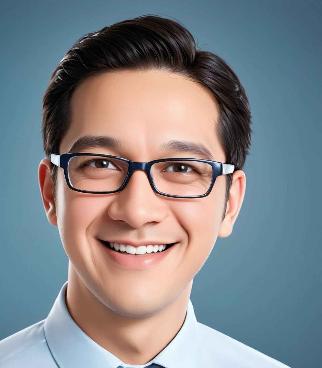 Create a 3D animation of a cartoon caricature with a big head. a 20 year old Indonesian man. He has short black hair parted on the right side. His face is oval with smooth lines, thick and neat black eyebrows, normal eyes, a big nose, and thin lips with a wide, friendly smile. He wore a light gray leather jacket over a white t-shirt. Gradient blue background with professional lighting. masterpiece, top quality, highly detailed skin and face, ultra-realistic, high definition, studio lighting, sharp focus, 2/3 body angle, Concept Art, 3D rendering.