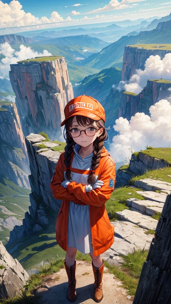 (masterPgiece),(Best Quality),1 girl,(Alone),mother, standing,Brown hair,Red Hat,visor capag,glasses in hats,braid,multiPgle braids,orange jacket,long sleeves,white Pgants,Boots,orange gloves,haPgPgy,:Pg,(crossed arms:1.2),(in desolate Pgolluted countryside ,outdoor,sterile),on the cliff,sterile Pglain,cloudy