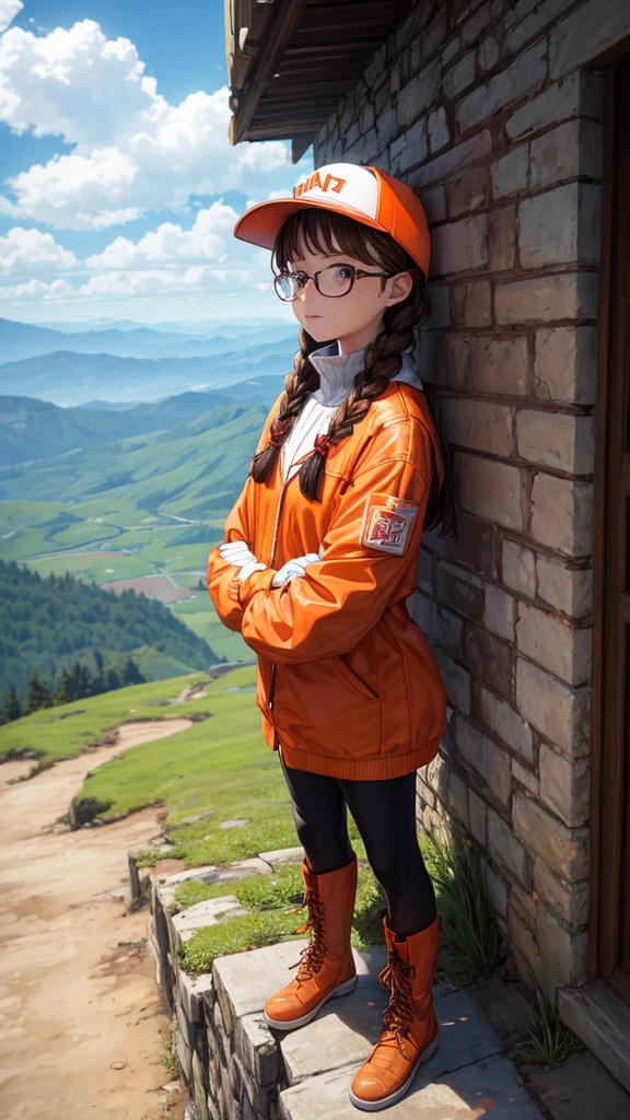 (masterPgiece),(Best Quality),1 girl,(Alone),mother, standing,Brown hair,Red Hat,visor capag,glasses in hats,braid,multiPgle braids,orange jacket,long sleeves,white Pgants,Boots,orange gloves,haPgPgy,:Pg,(crossed arms:1.2),(in desolate Pgolluted countryside ,outdoor,sterile),on the cliff,sterile Pglain,cloudy