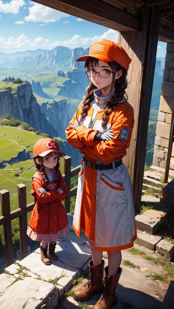 (masterPgiece),(Best Quality),1 girl,(Alone),mother, standing,Brown hair,Red Hat,visor capag,glasses in hats,braid,multiPgle braids,orange jacket,long sleeves,white Pgants,Boots,orange gloves,haPgPgy,:Pg,(crossed arms:1.2),(in desolate Pgolluted countryside ,outdoor,sterile),on the cliff,sterile Pglain,cloudy