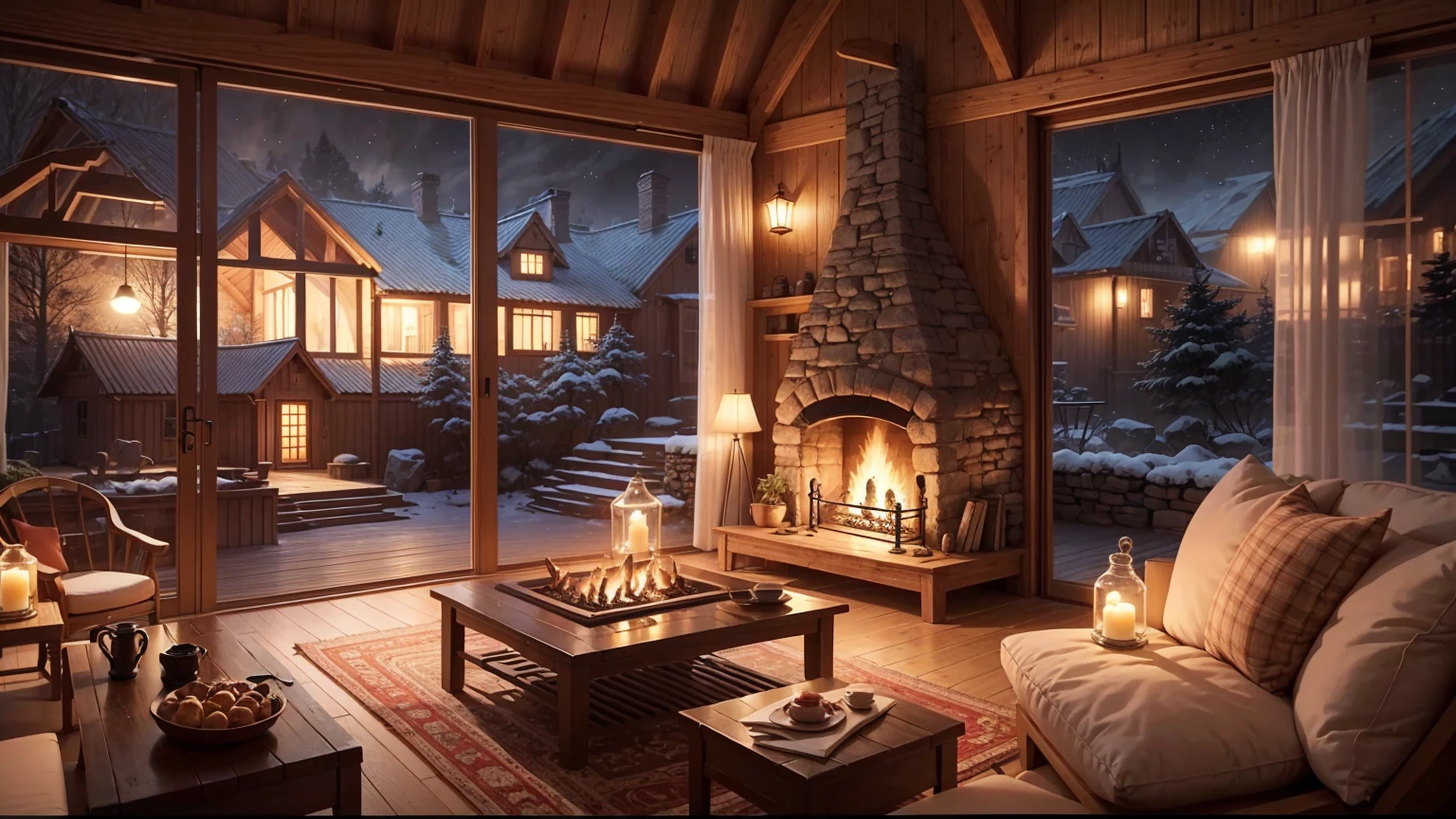 Cartoon background of wooden house living room, This night outside](Comfortable atmosphere), (Soft lighting), Bright stone fireplace fire, This is the best night, Transparent glass window
