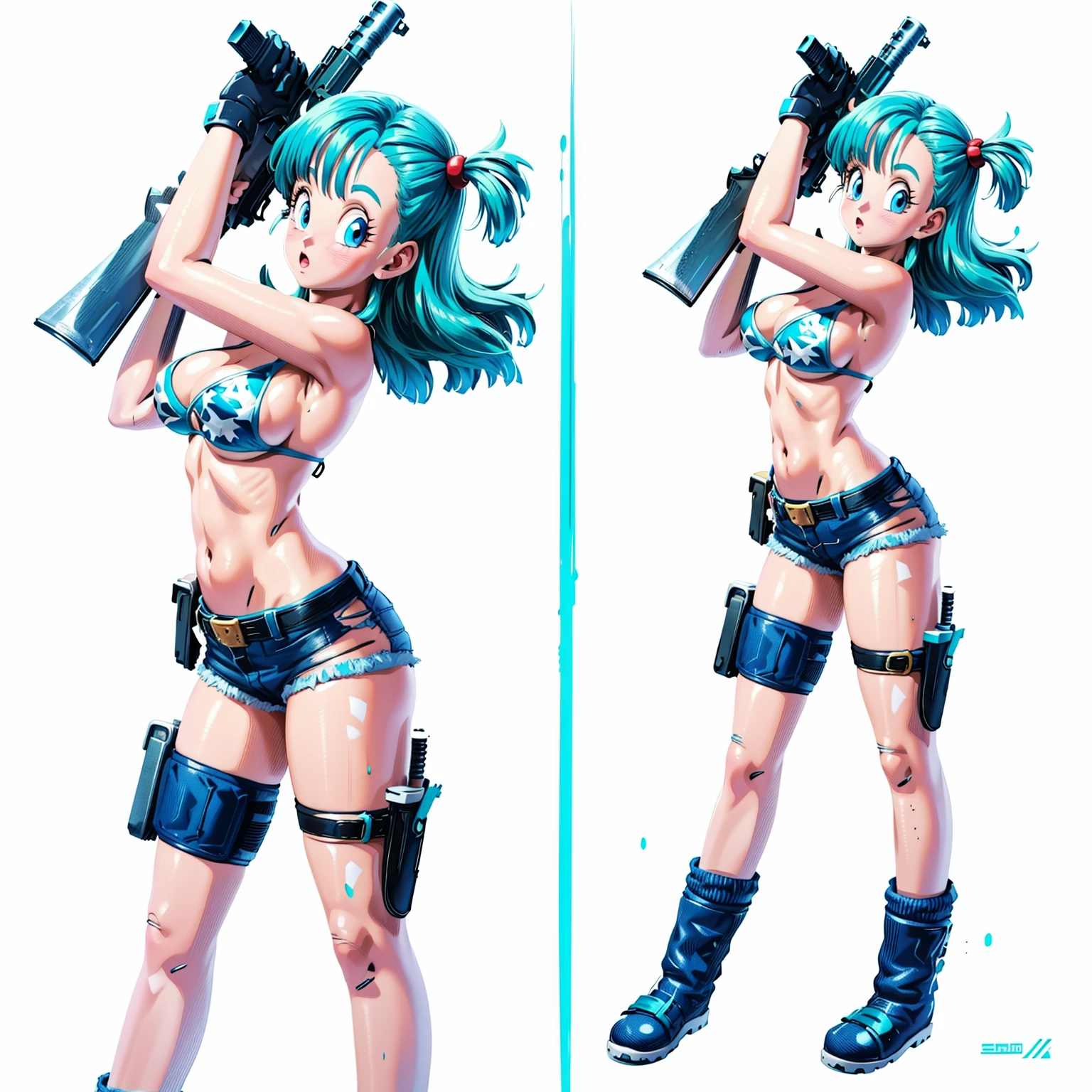 1girl, solo, gun, weapon, shorts, swimsuit, bulma, holster, boots, bikini, blue hair, gloves, breasts, blue eyes, one side up, bikini top only, denim shorts, thigh holster, blue shorts, denim, short shorts, cleavage, navel, medium breasts, handgun, full body, long hair, midriff, belt, thigh strap