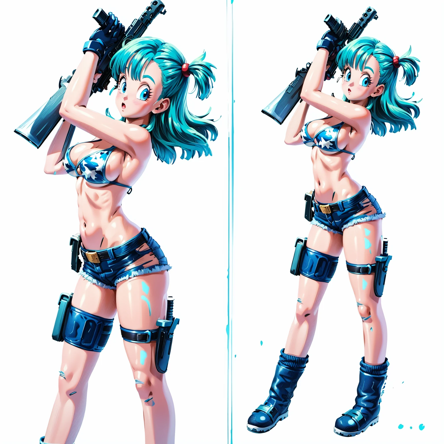 1girl, solo, gun, weapon, shorts, swimsuit, bulma, holster, boots, bikini, blue hair, gloves, breasts, blue eyes, one side up, bikini top only, denim shorts, thigh holster, blue shorts, denim, short shorts, cleavage, navel, medium breasts, handgun, full body, long hair, midriff, belt, thigh strap