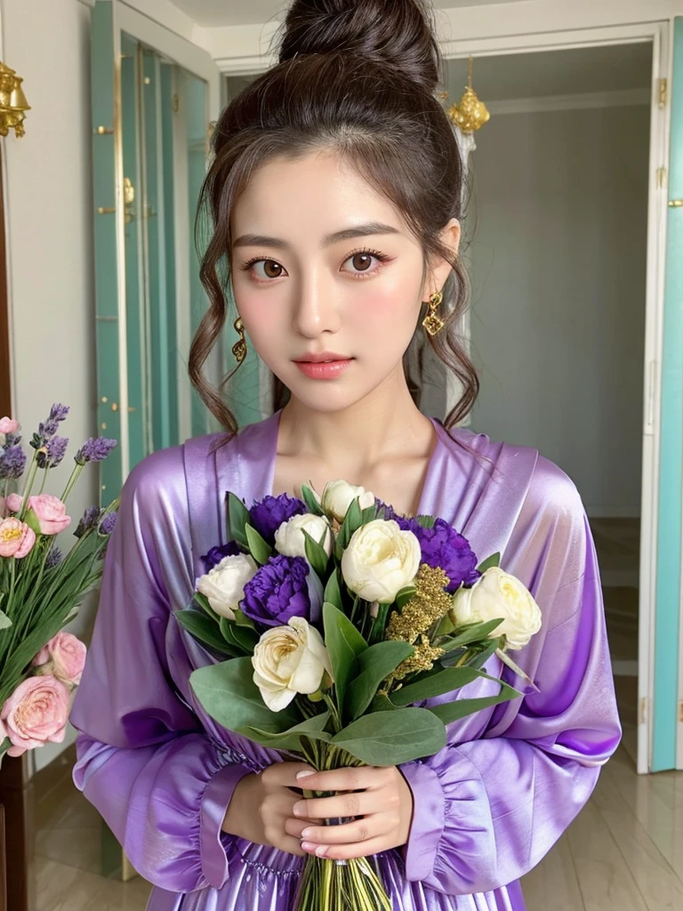 Korean girl with average chest, long black hair, and brown eyes. She is standing with a large bouquet of purple peonies and lavender in her hands. She is wearing a beautiful turquoise and gold shiny dress. Her hair is slightly curly and pulled back into a high ponytail. She is standing in an apartment with red curtains