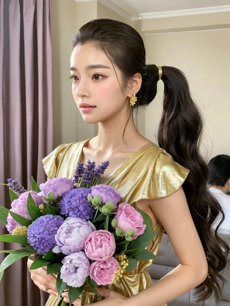 Korean girl with average chest, long black hair, and brown eyes. She is standing with a large bouquet of purple peonies and lavender in her hands. She is wearing a beautiful turquoise and gold shiny dress. Her hair is slightly curly and pulled back into a high ponytail. She is standing in an apartment with red curtains