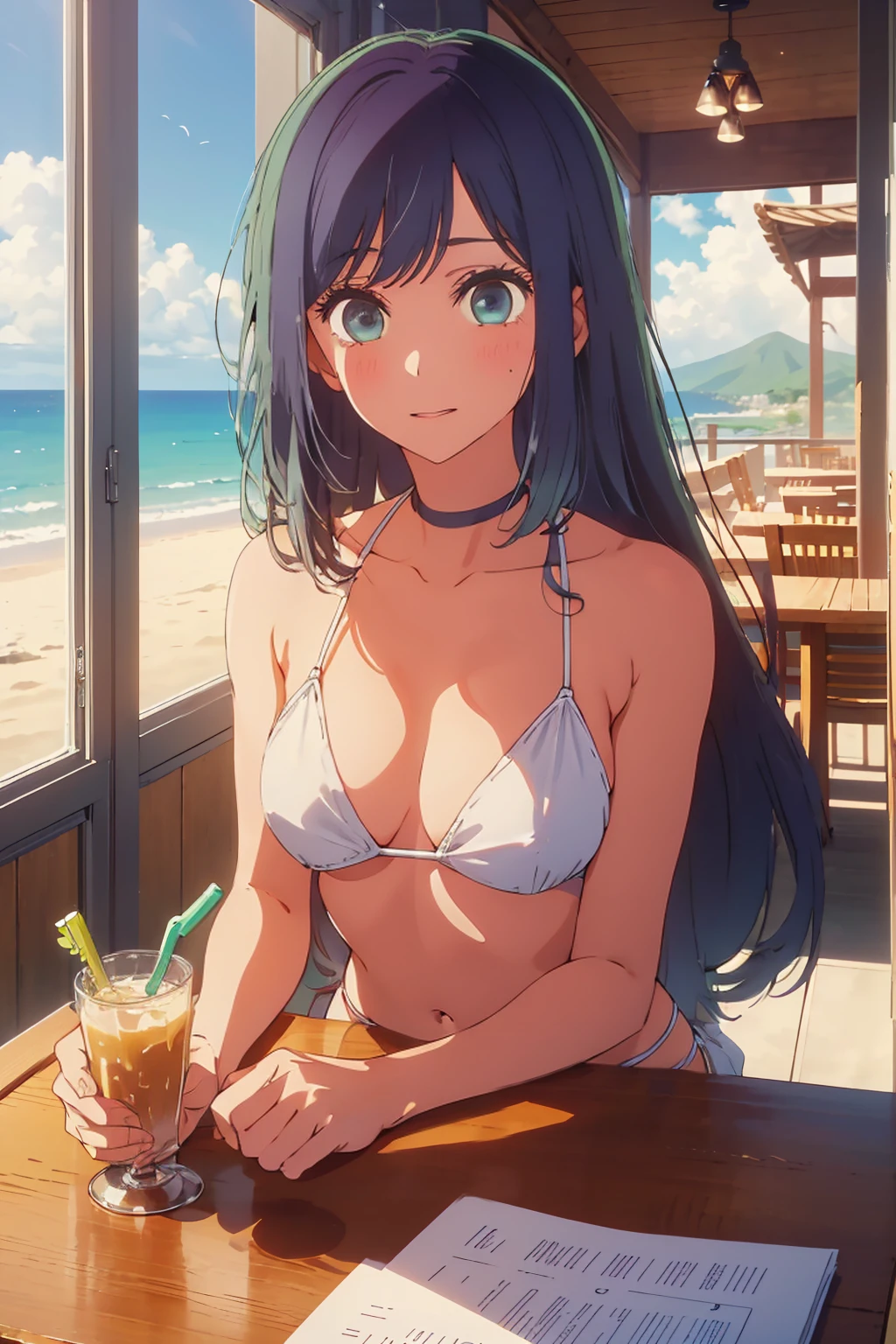 (Highest quality:1.4、masterpiece:1.4、Super detailed:1.4、8k:1.4)、((((1 person、Surprised expression、sit、Cafe Terrace、coastal、juice、table、Sandy Beach、juiceのグラスを持つ、Very soft 、Big eyes、Very cute face))))、(Areolas protrude from bikini:1.4、nipples protrude from bikini:1.1)、F cup bust、Medium breast、Underboob