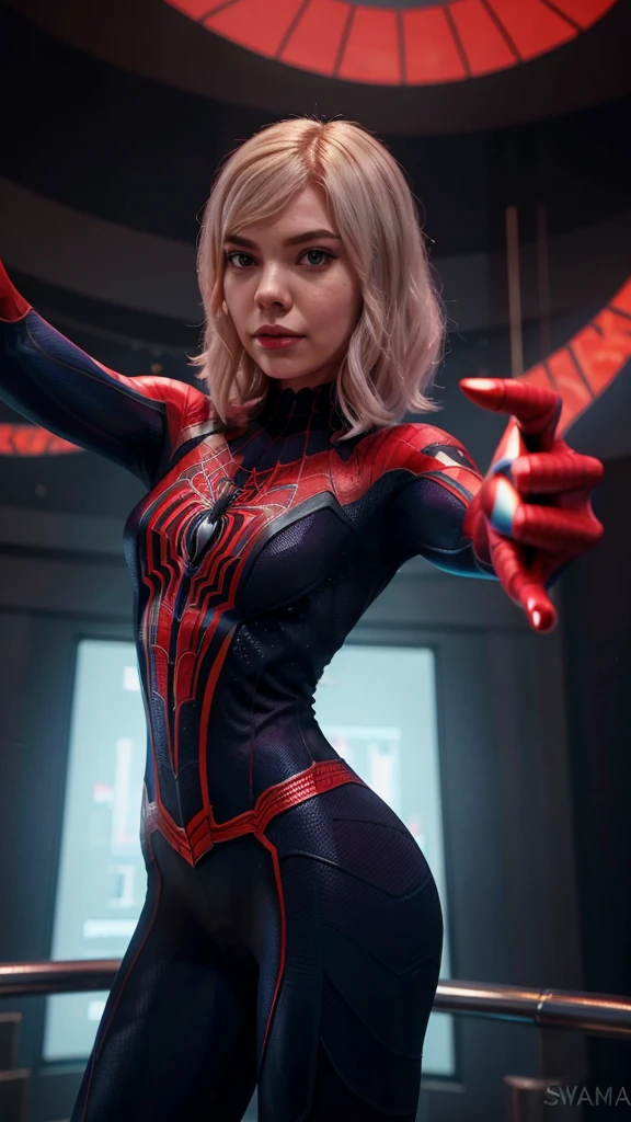 arafed woman in a spider - man suit posing for a selfie, ( ( spiderwoman ) ), spider gwen, gwen stacy, spiderwoman!!, spider - gwen, spider-gwen, anya taylor joy, anya taylor - joy, anya taylor-joy, spiderwoman!!!!!, spider woman, dressed anya taylor - joy
