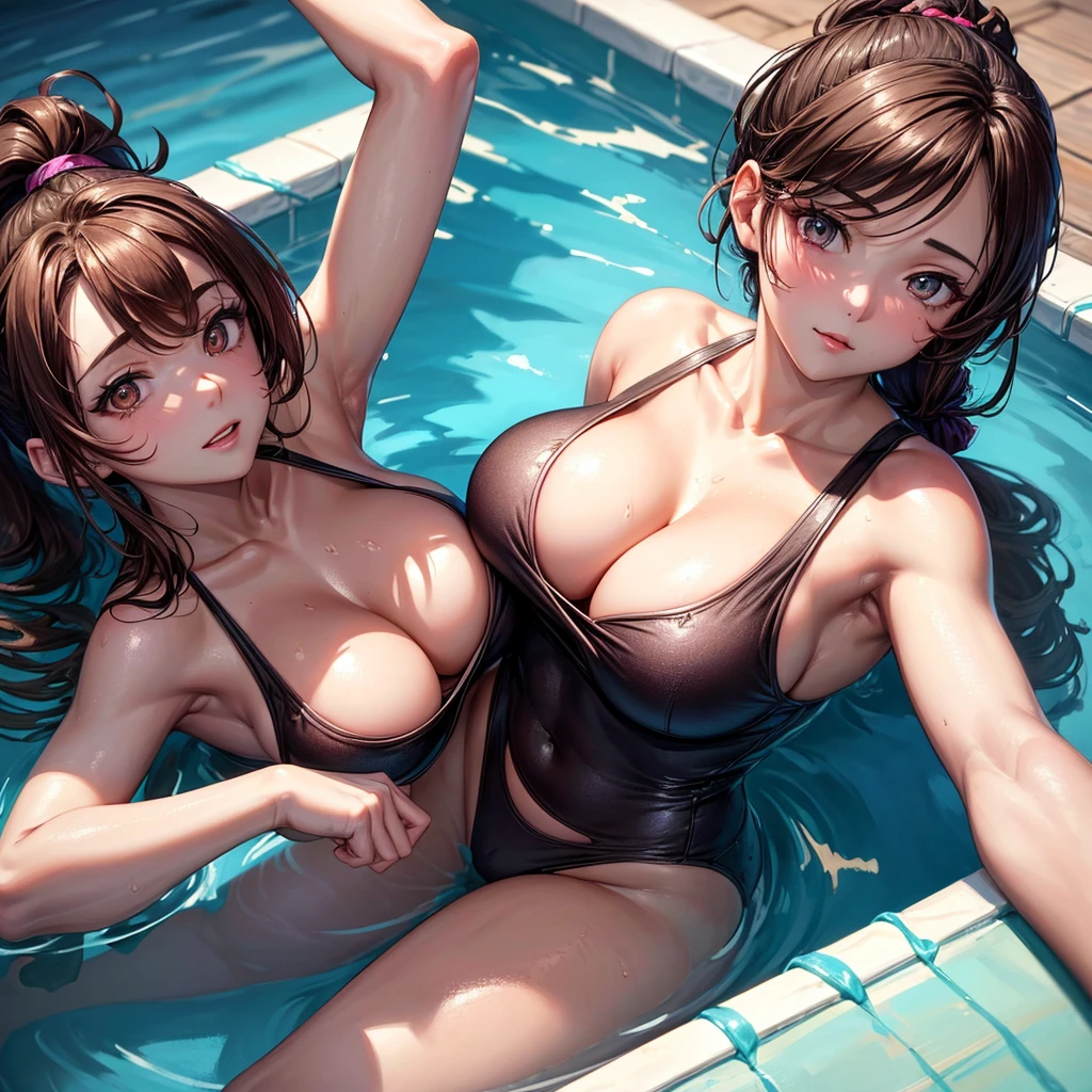 Medium Close-up, Cleavage, Joyuri, jo yuri, lily, ((Highest quality, 8k, masterpiece :1.3)), One girl, Beautiful woman with slim abdominal muscles :1.3, (Dark brown hair, ponytail, Huge breasts :1.2), Wet body:1.2, Pool, Highly detailed face, Detailed eyes, double eyelid