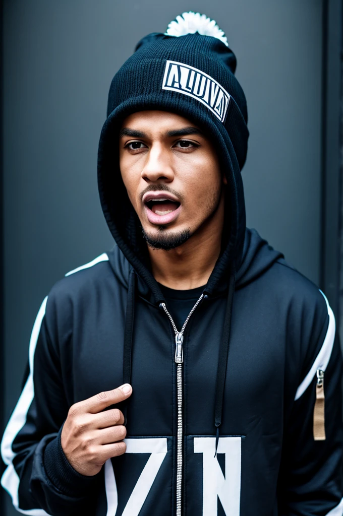 modern day rapper wearing alternative style clothing with a Beanie and zip up hoodie singing