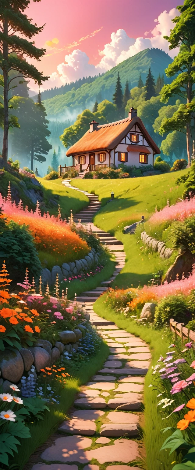 Hyperrealistic digital image of a charming flowery cottage nestled in the woods, with a pathway leading to it. The scene captures an idyllic forest setting, featuring a beautiful house on a forest path.The landscape has an anime countryside,meadows dotted with trees, and far hills,burning clouds in a gradient orange pink sky,afternoon scene,hyper-maximalism,raw photography,ultra-detailed photorealistic textures,artistic bokeh,beautiful lighting,hyper-detailed,WLOP,HDR,8k,vray