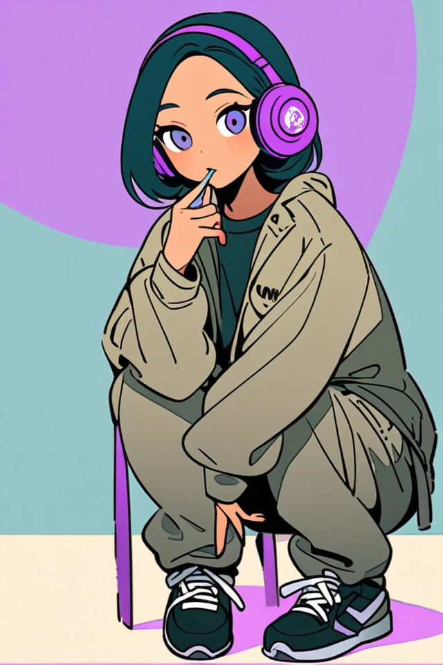 A stylized illustration of a young woman with bobbed, dark turquoise hair wearing large, purple headphones. She is crouching, dressed in a baggy khaki jacket, dark sweatpants, and heavy sneakers. She appears relaxed with a pencil in her mouth. The background is a solid, light tan color.