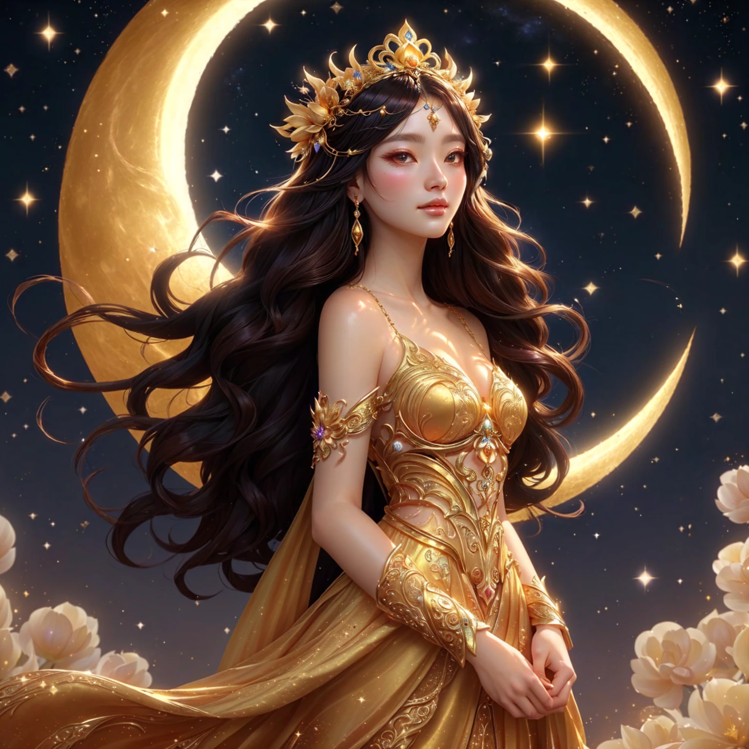 A woman in a golden dress stands in front of a crescent moon., goddess of heaven, goddess of the moon, anime goddess, beautiful heavenly mage, lunar goddess, Moon Goddess, Golden Lotus Princess, Goddess of the Galaxy, Beautiful Fantasy Empress, ((Beautiful Fantasy Empress)), Goddess of Hunting and the Moon, As the sun goddess,, Goddess of space and time